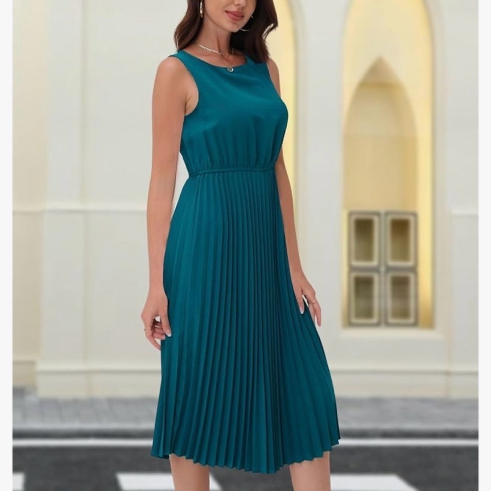 NWT DRESSTELLS Midi Dress for Formal Cocktail Chiffon Pleated, Peacockblue